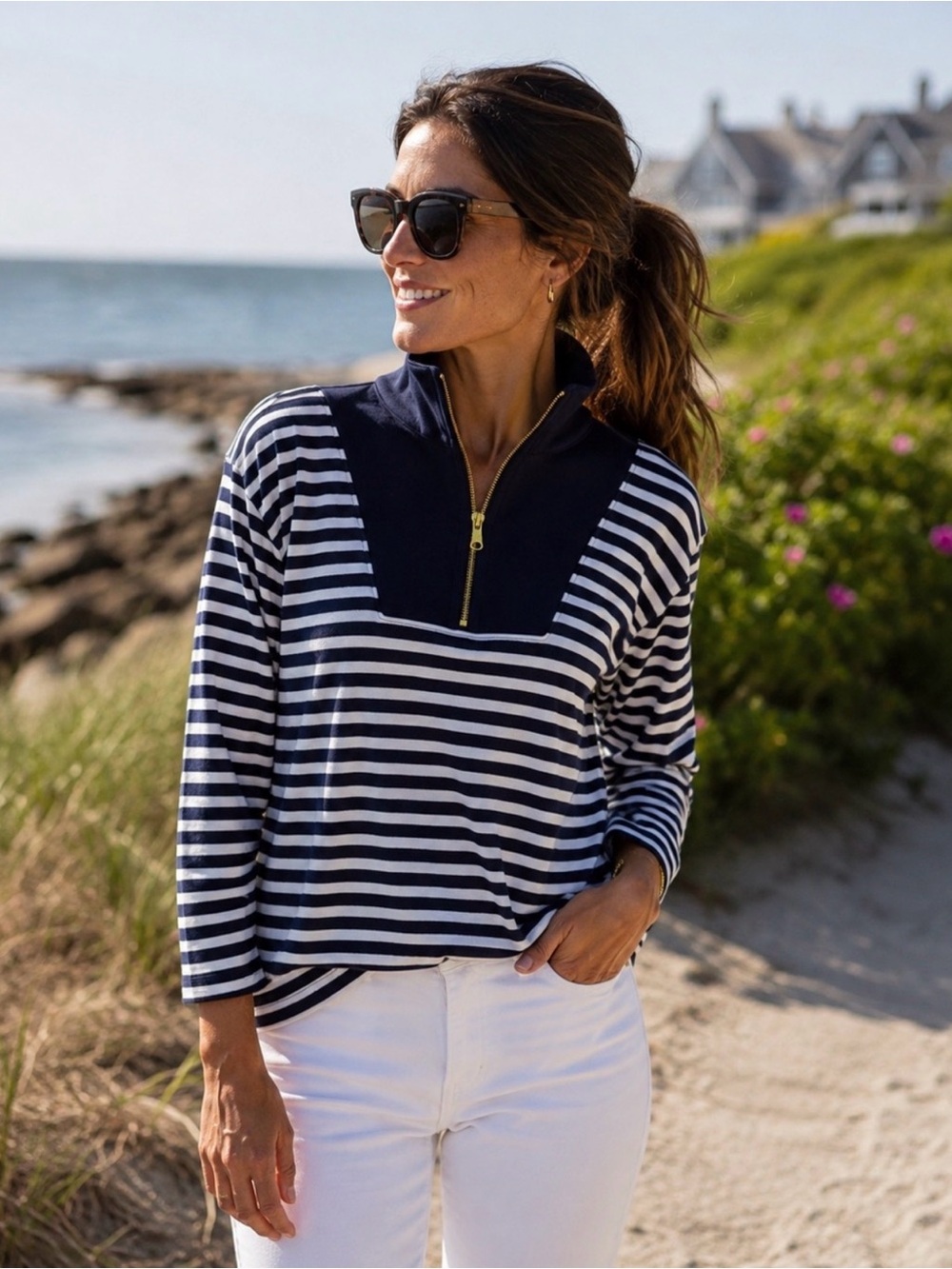 J.Crew Striped Cloudspun Fleece Half-Zip Sweatshirt Navy White Size Medium